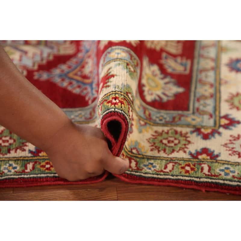 Red Geometric Kazak Oriental Accent Rug Handmade Wool Carpet - 3'6"x 4'9"