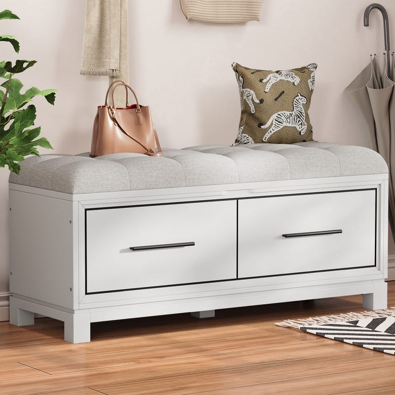Shoe Bench with Removable Cushion and Hidden Storage for Entryway and Living Room Organization - White