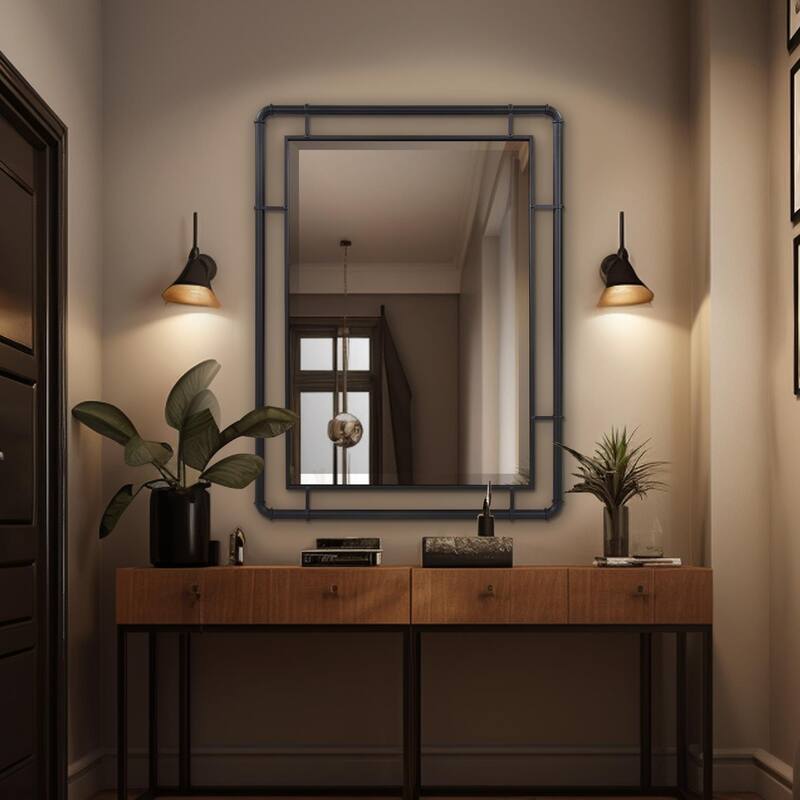 Allan Andrews Matte Black Vanity and Wall Mirror with Metal Pipe Inspired Frame - 40"H x 30"W