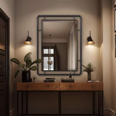 Allan Andrews Matte Black Vanity and Wall Mirror with Metal Pipe Inspired Frame - 40"H x 30"W