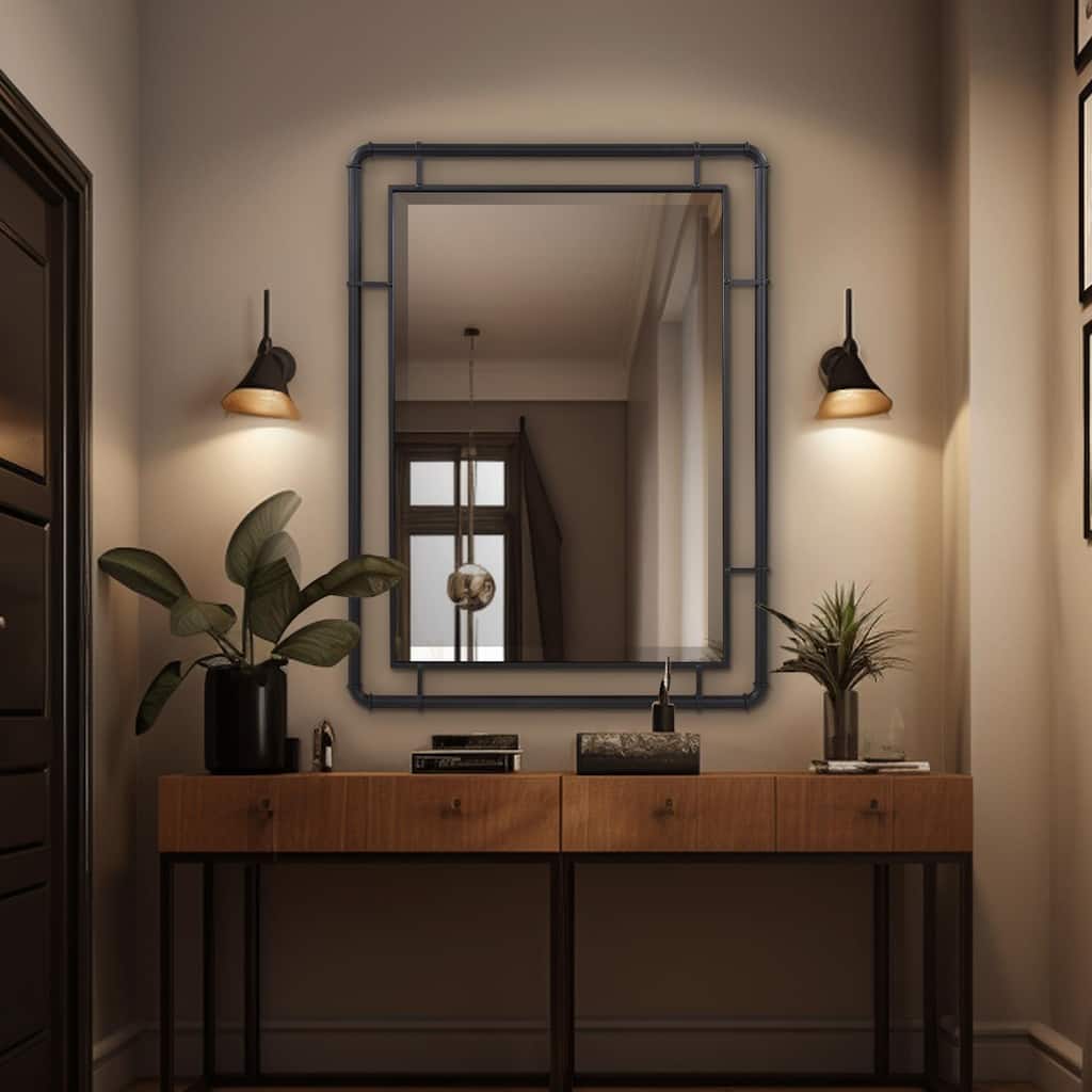 Allan Andrews Matte Black Vanity and Wall Mirror with Metal Pipe Inspired Frame - 40"H x 30"W