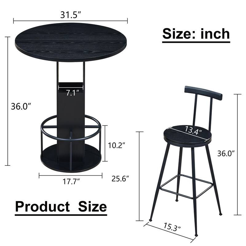 3-Piece Bar Table and Stool Set 31.5-inch round bar table with two stools Compact wooden dining bar with metal ring footrest