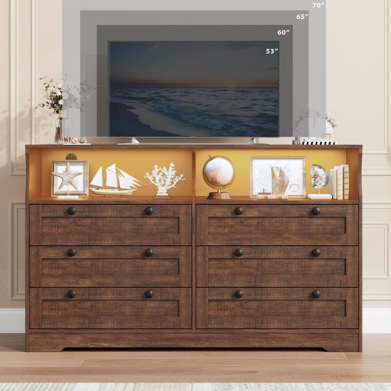 6 Drawer Dresser for Bedroom, 55" Wood Chest of Drawers with Charging Station, LED Lights and 2 Storage Compartments