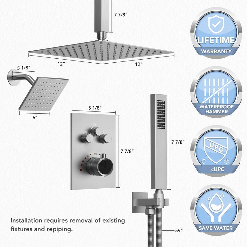 Dual Heads 12" Rainfall Shower head & High Pressure 6" Shower System w/ 3 Way Thermostatic Faucet