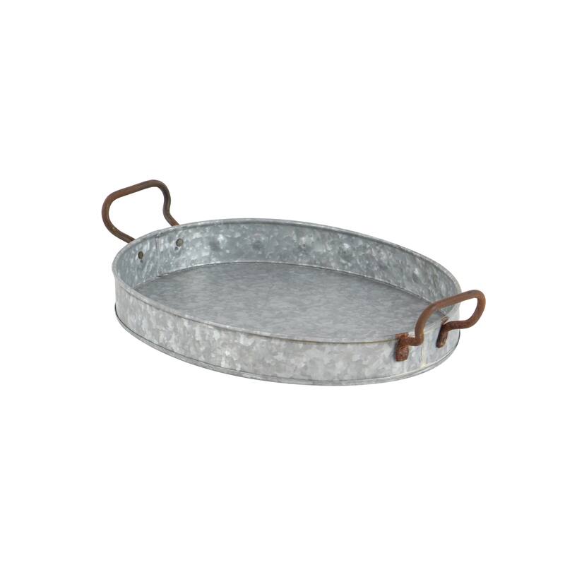 Gray Metal Galvanized Oval Living Room Decor Tray with Rust Handles (Set of 3)