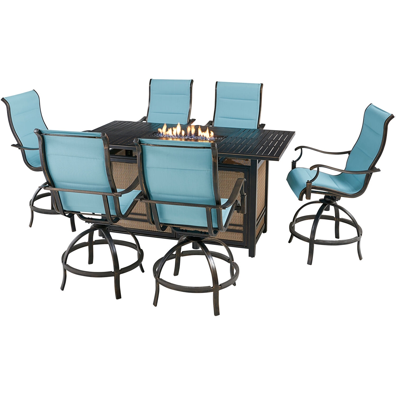 Hanover Traditions 7-Piece High-Dining Set in Blue with 6 Padded Counter-Height Swivel Chairs and a 30,000 BTU Fire Pit Table