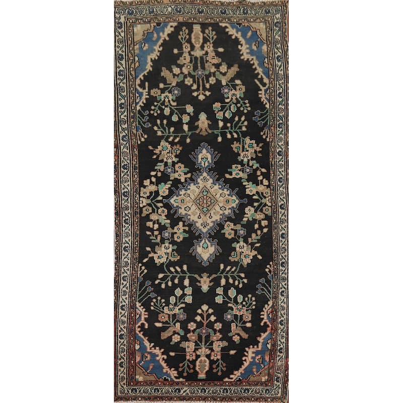 Dark Blue Hamedan Vintage Persian Runner Rug Hand-Knotted Wool Carpet - 3'7" x 10'1"