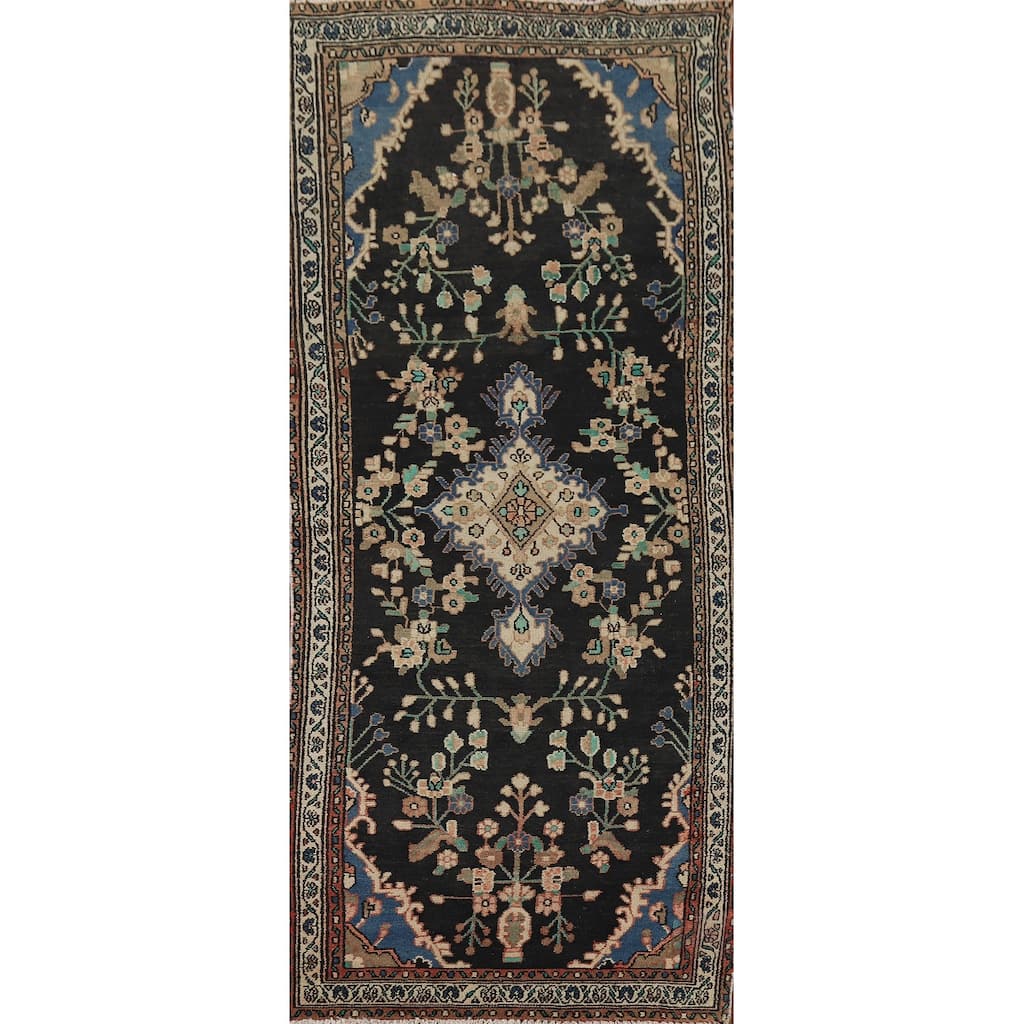 Dark Blue Hamedan Vintage Persian Runner Rug Hand-Knotted Wool Carpet - 3'7" x 10'1"