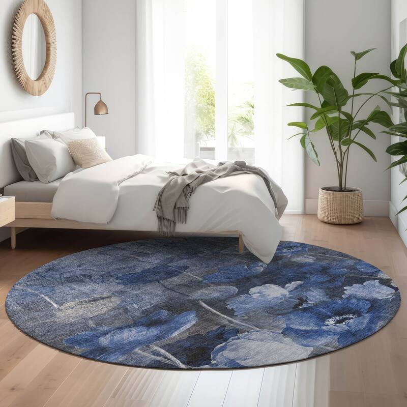 Premium Washable Super Soft Contemporary Floral Mayfield Rug - Blue - 8' x 8' - Round