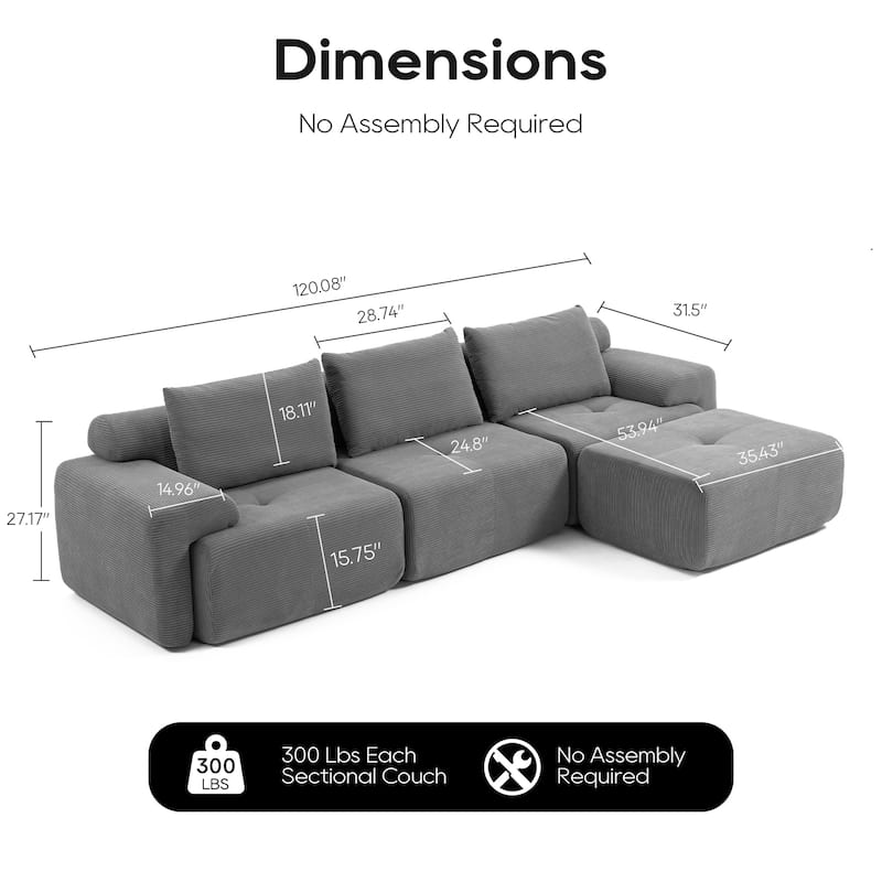 Corduroy Modular Sleeper Sofa Bed with Ottoman, L-shaped Sectional Couches for Living Room with Memory Foam and Steel Frame