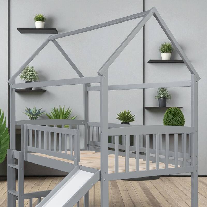 Twin Over Twin House Bunk Bed with Slide, Solid Wood Kids Bunk Bed with Guardrails and Ladder, No Box Spring Needed