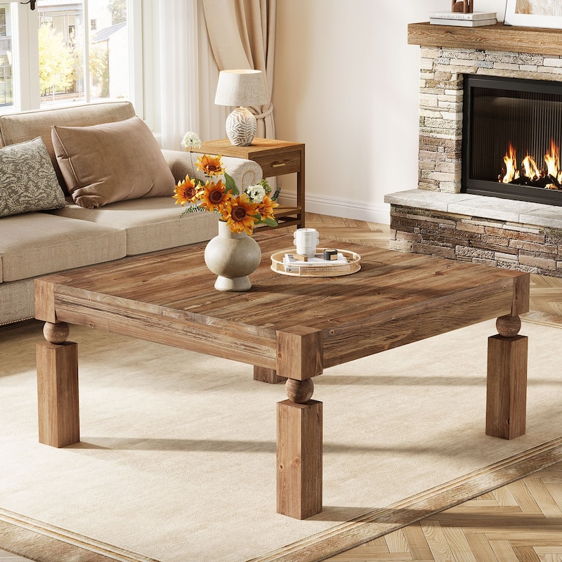 Farmhouse Square Wood Coffee Table, 39-Inch Rustic Coffee Table