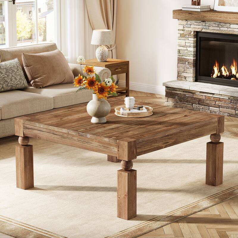 Square Solid Wood Coffee Table, Sturdy Legs Living Room Center Cocktail Accent Table
