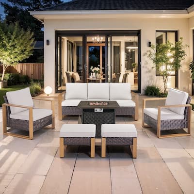 Pocassy Outdoor Fire Pit with 3-Seat Sofa Club Chairs Patio Furniture Set