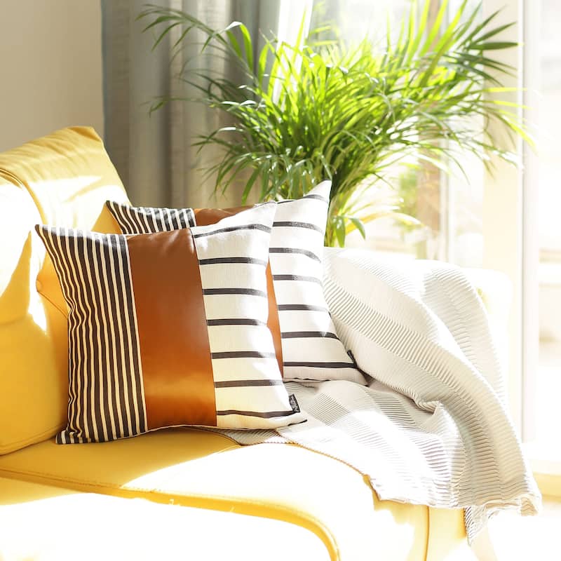 Bohemian Striped Vegan Faux Leather Throw Pillow Covers Set of 2