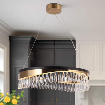 Modern LED Crystal Drum Chandelier Black Gold Hanging Lights for Dining Living Room - D23.5" x H6"