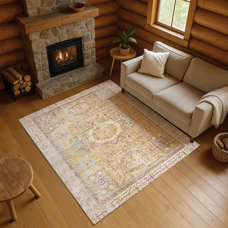 Premium Washable Super Soft Vintage Traditional Mayfield Rug - Gold - 9' x 12'