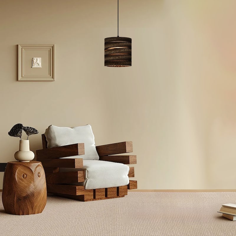 1-light Brown Natural Pendant Light With Nordic Style Cylinder Cardboard Shade For Dining Table