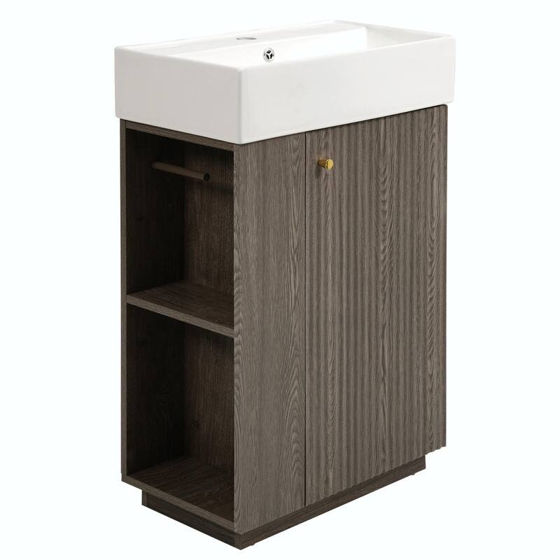 21.6" Bathroom Vanity with Ceramic Sink, Freestanding Modern Wood Grain Cabinet with Open & Closed Storage