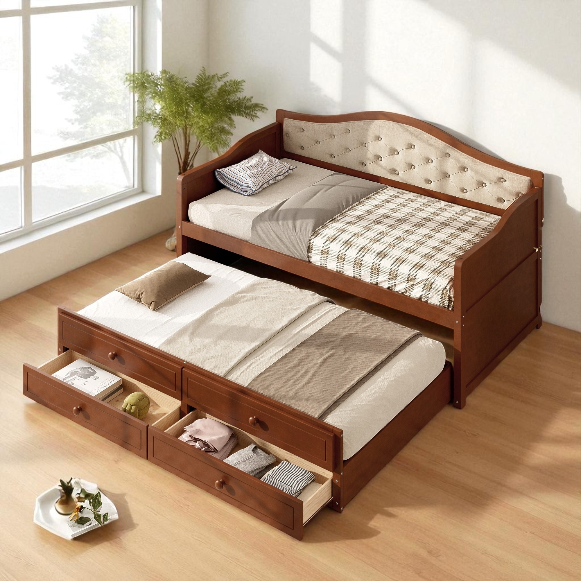 Twin Size Daybed with Trundle and 2 Storage Drawers, Upholstered Button Tufted Sofa Bed Frame for Bedroom or Guest Room