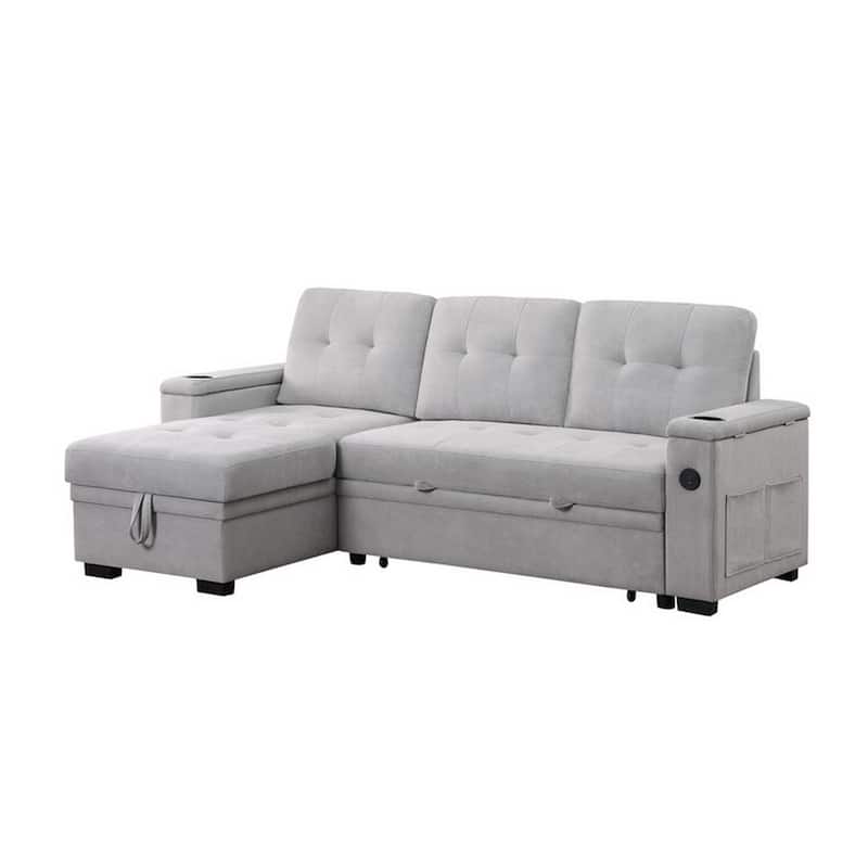 Lna 84 Inch Sectional Sofa, Pull Out Bed, Storage Chaise, USB, Light Gray