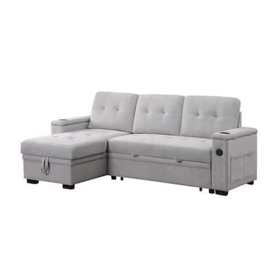 Lna 84 Inch Sectional Sofa, Pull Out Bed, Storage Chaise, USB, Light Gray