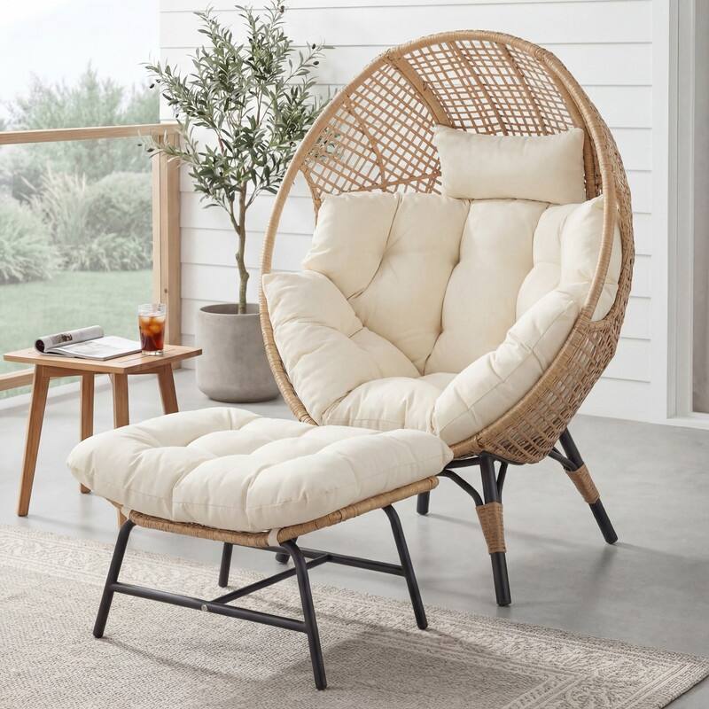 Outdoor Wicker Egg Chair with Ottoman, 6.5" Cushions, 440 lb Capacity - 1 PC-Beige