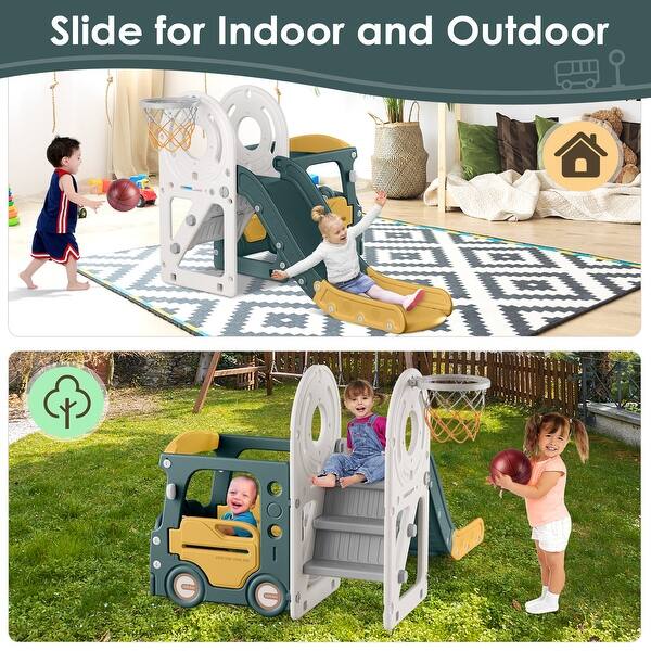 slide 2 of 7, Green+Yellow 4 in 1 Toddler Slide, Kid Slide for Toddlers Age 1-3, Indoor Outdoor Bus Themed Toddler Playset Toddler Playground