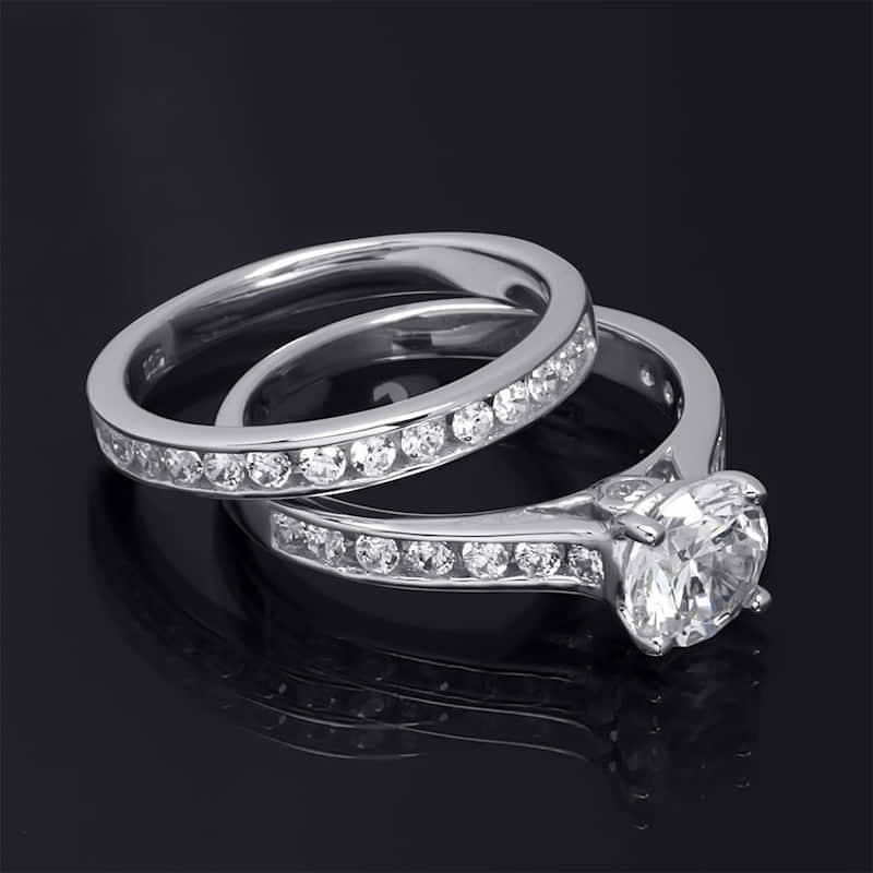 Womens Genuine 2.0 Carat CZ Wedding Band Engagement Ring Set Silver