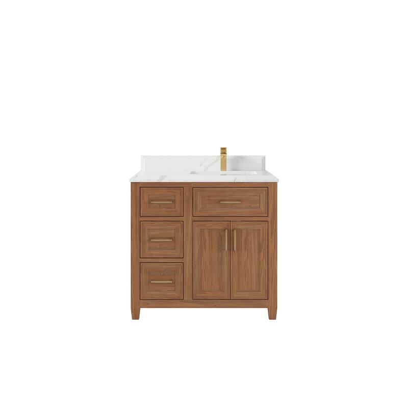 Willow Collections 36 in. W x 22 in. D Santa Monica Teak Right Offset Sink Bathroom Vanity with Countertop - 1.5”Calacatta Laza - Dark Natural Teak