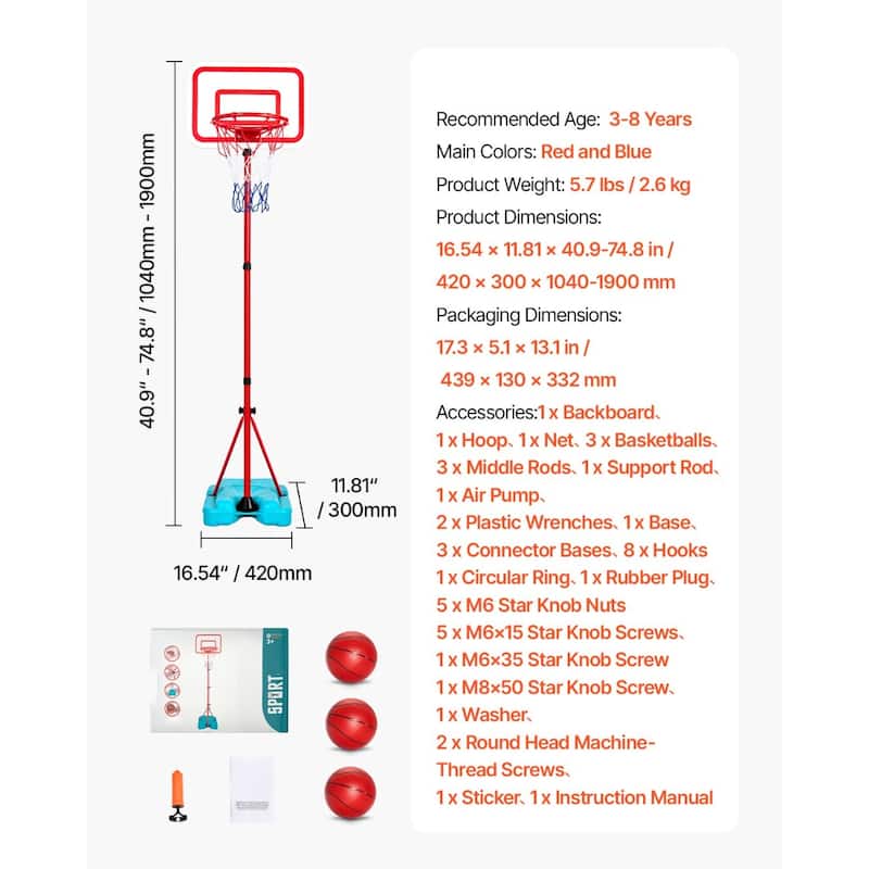 Red Blue Steel Adjustable Kids Basketball Hoop with 3 Balls