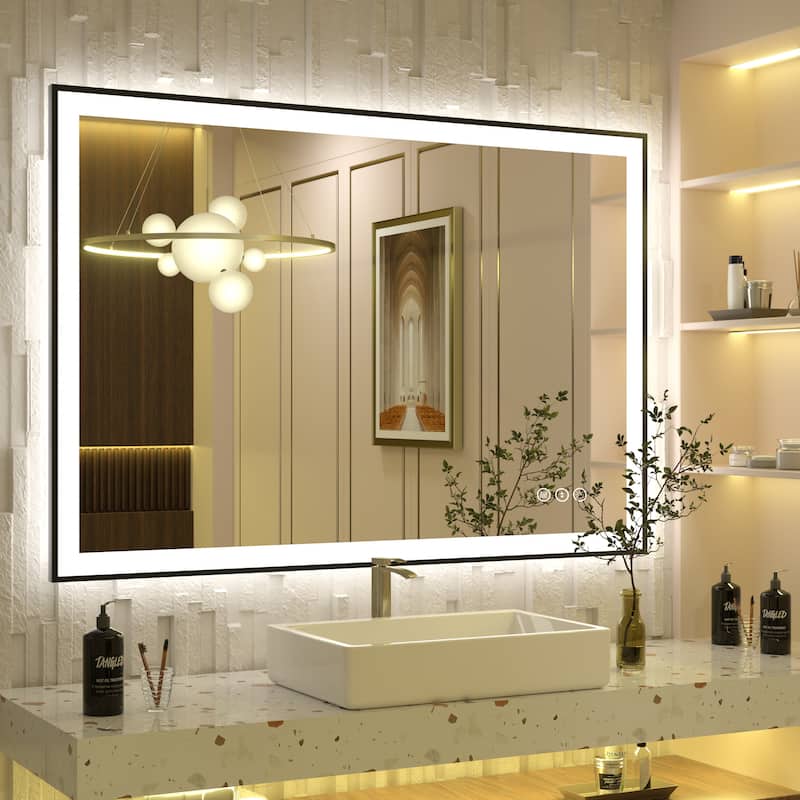 Front & Back LED Anti-Fog Tempered Glass Framed Bathroom/Vanity Mirror 3-Year Warranty - 44" x 30"-Square Corner - Black