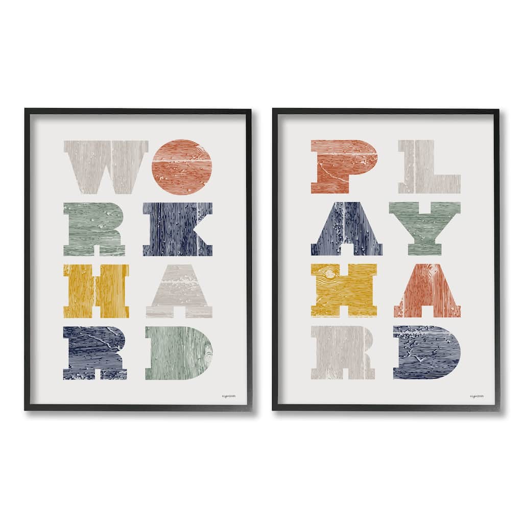 Stupell Work Hard Play Hard Phrase Children's Block Typography 2pc Multi Piece Framed Wall Art Set - Multi-Color