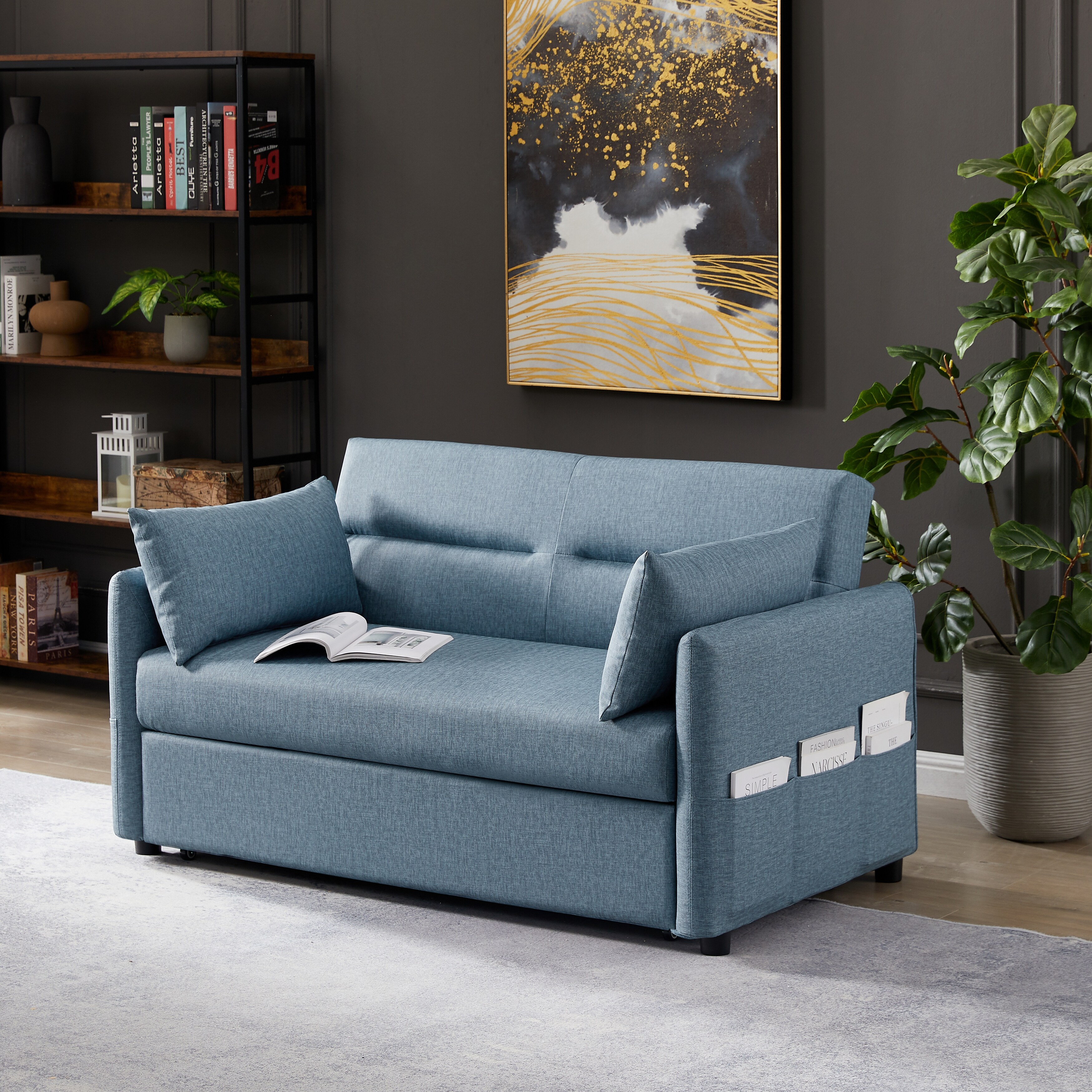 Leather couch with outlet pull out bed