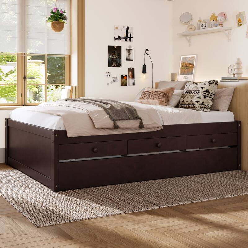 Full/Twin Platform Bed with Trundle, 2 Drawers & Built-in Power Outlets