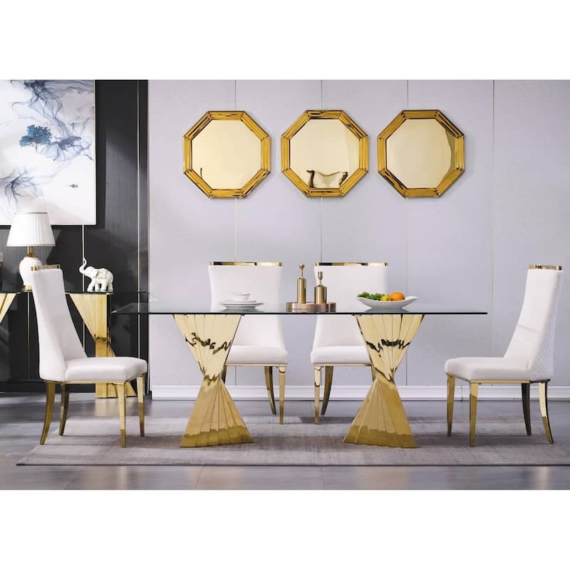 Luxury 78 inch Glass Dining Table with Mirrored Stainless Steel Base