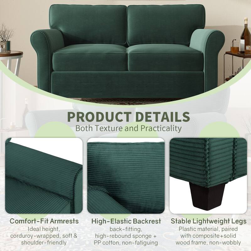 Dark Green 2-Seater Sofa Couch Loveseat for Living Room Bedroom, Sleeper Sofa Couch with Armrests and Wood Frame