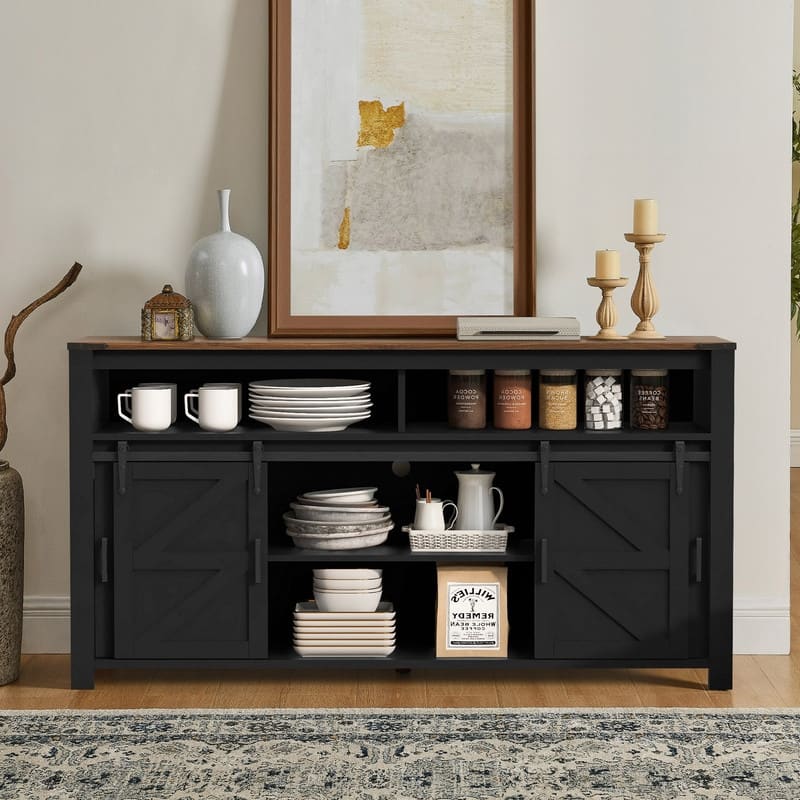 Farmhouse 59.3" Sideboard Buffet with Sliding Barn Doors and Open Storage for Living or Dining Spaces
