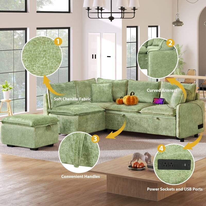 82.67 "Modern Chenille L Shaped Sectional Sofa,Sleeper Sofa with Storage Ottoman,Pillows and Charging Station