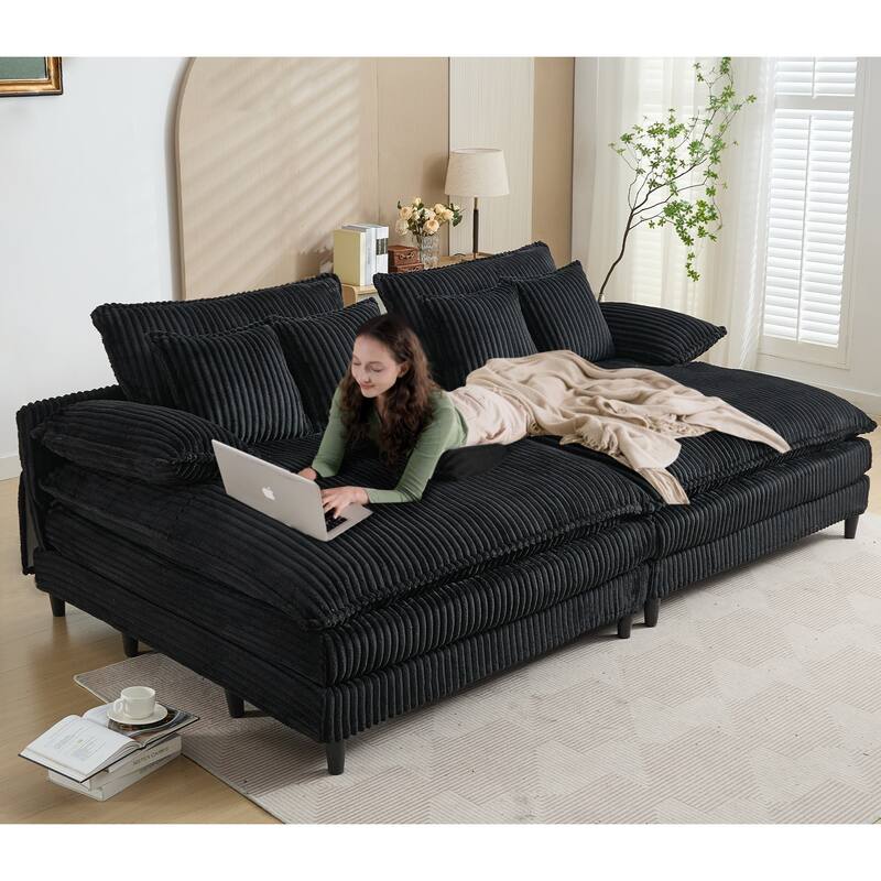 109" W Oversized Corduroy Lounge Chaise Sleeper Sofa 4 Pillows - Black