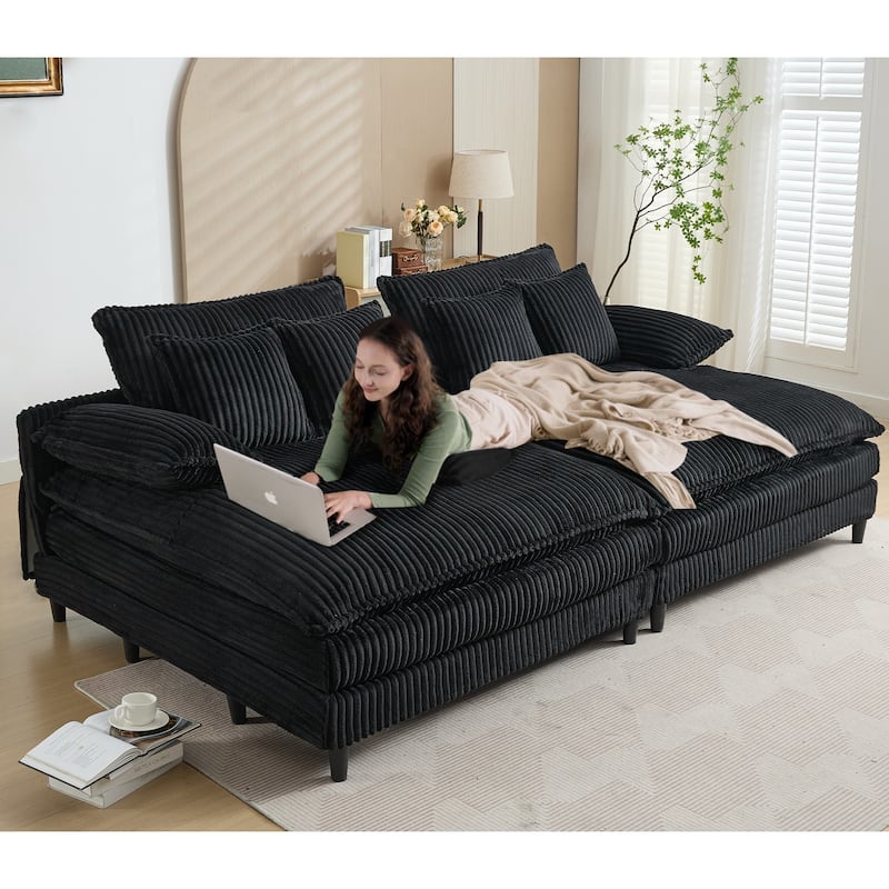 Oversized Double Lounge Chaise Reclining Sleeper Sectional Sofa Bed Corduroy Deep Seat Couch with 4-Gear Adjustable Backrest