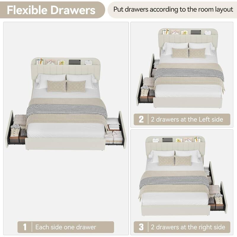 Bed Frame with 2 Drawers, Boucle Upholstered