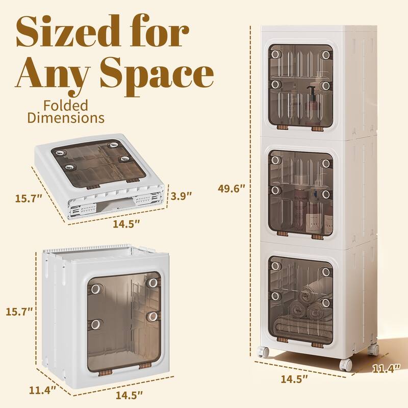 VECELO White 3-Tier & 4-Tier Narrow Storage Bins Foldable Stackable ABS Organizer Bins with Wheels for Bathroom Living Room