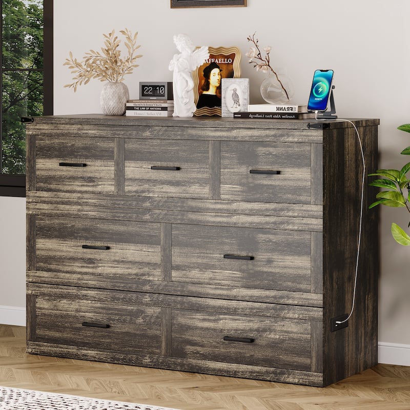 Murphy Bed Cabinet Queen Size with Charging Station, Multi-Functional Foldable Platform Bed with 1 Large Storage Drawer
