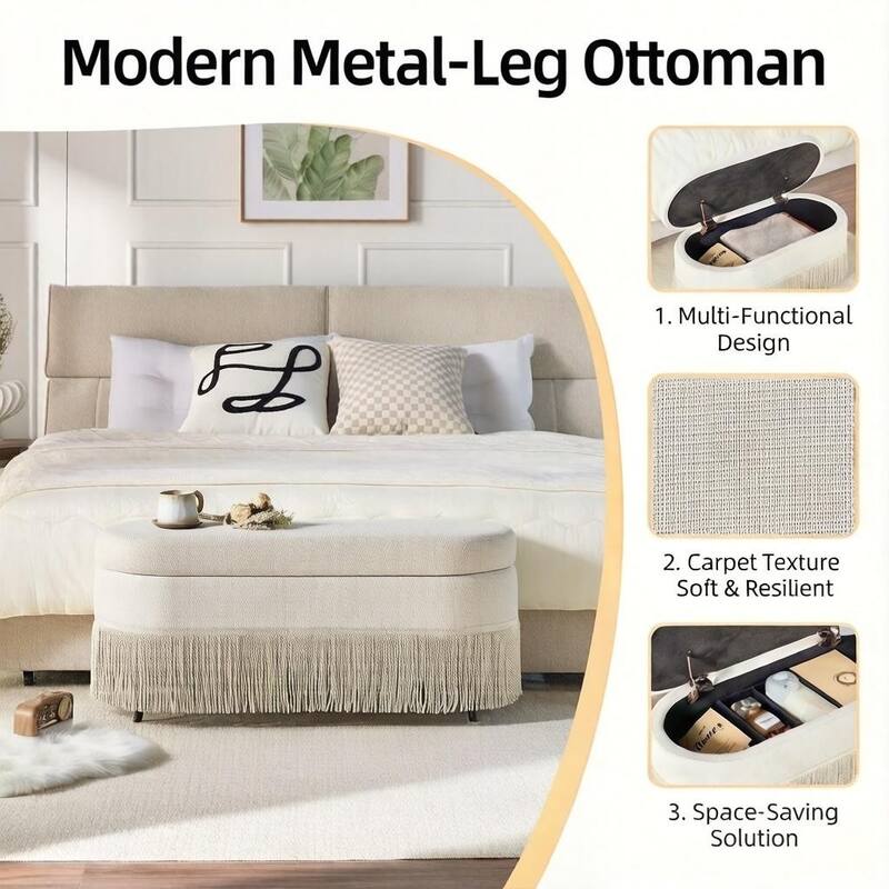 Multi-Functional Storage Ottoman with Fringe Trim and Hidden Storage Compartment