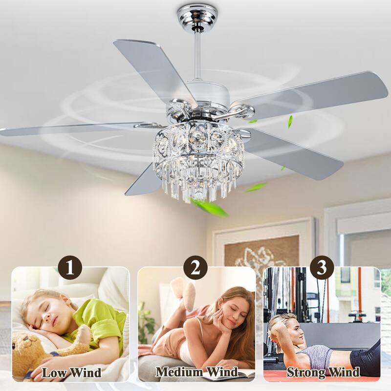 52" Modern Indoor Reversible Crystal Drum Ceiling Fan with Remote Control and Light Kit Chrome