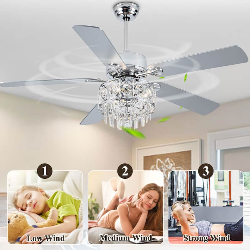 Bella Depot 52" Chrome Luxury Crystal Ceiling Fan with Light and Remote Control 6-Speed Reversible Blades - 52 Inches