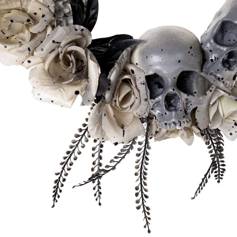 Double Skull and Gray Roses Halloween Wreath- 16" - Unlit