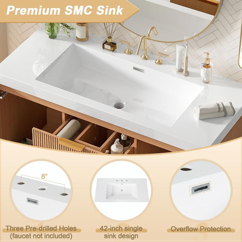 42" Wall-Mounted Single Sink Bathroom Vanity with SMC Top, MDF Cabinet with Solid Wood Frame, U-Shaped Drawers