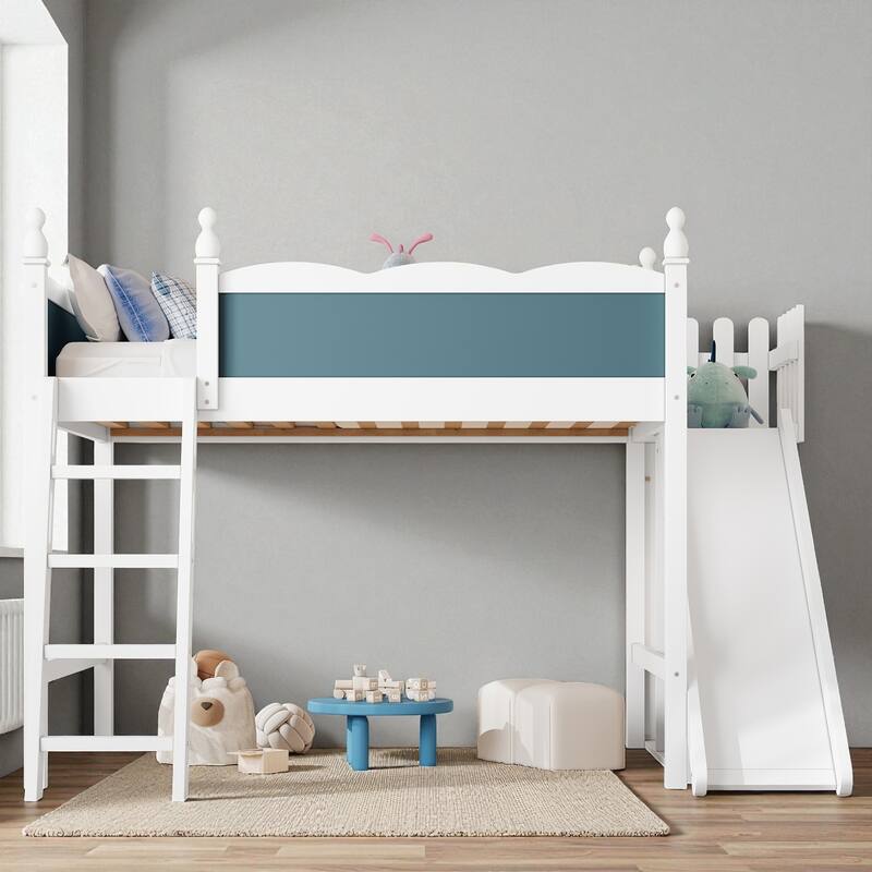 Full/Queen Loft Bed with Storage Shelves, Cabinet & Detachable Slide, Solid Wood Loft Bed with Ladders, No Box Spring